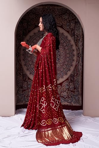HEMA SILK MILLS Women Refined Mahogany Maroon Gajji Silk Bandhani Saree Gajji Maroon