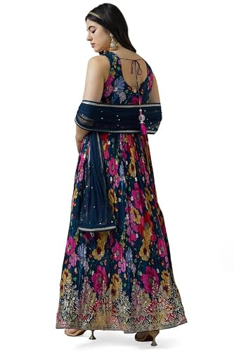 Soch Womens Navy Blue Chinon Blend Botanical Print Alia Cut Gown