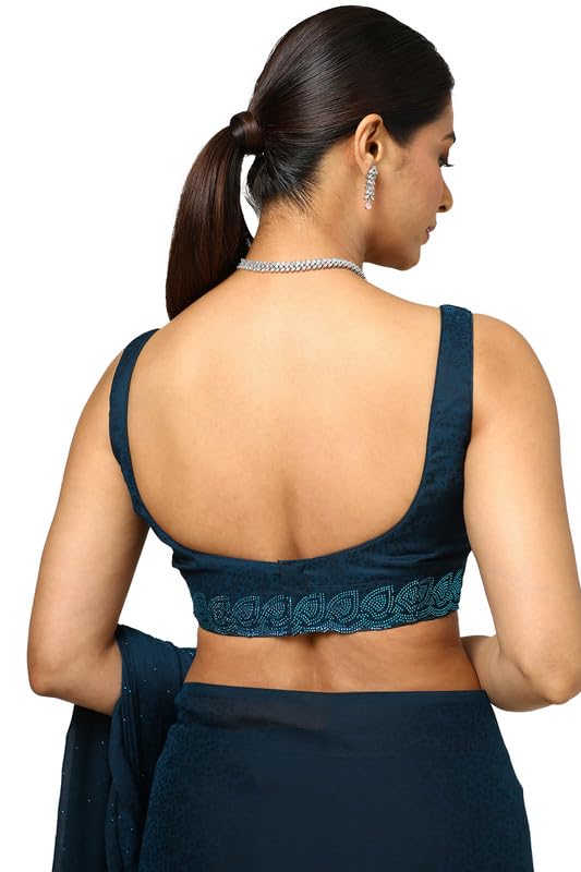 Soch Womens Teal Chiffon Floral Print Saree With Stone Work