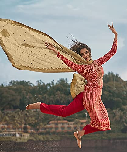 DRAVINAM Trends Women's winter wear digital Printed Pure Woollen Pashmina Salwar Suit Dress Material with Shawl Dupatta (red and beige)