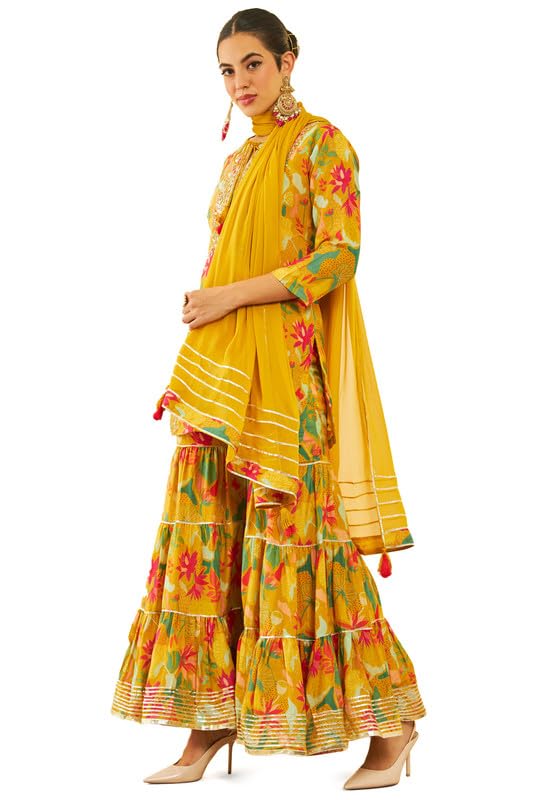 Soch Womens Mustard Yellow & Green Muslin Floral Printed Suit Set With Zardosi Work