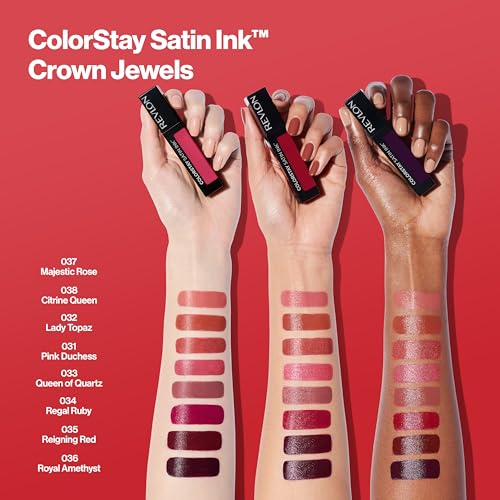 REVLON ColorStay Satin Ink Crown Jewels Liquid Lipstick, Longlasting & Waterproof Lipcolor, Moisturizing Creamy Formula Infused with Black Currant Seed Oil, 034 Regal Ruby, 0.17 fl oz.