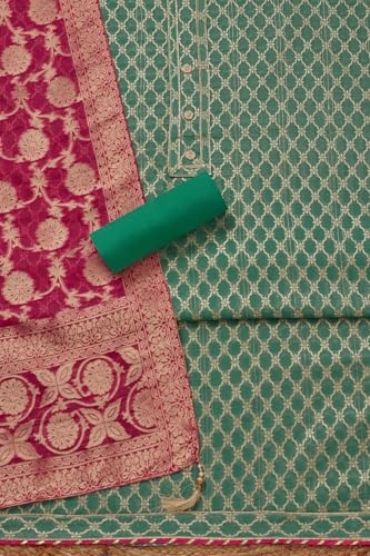 Soch Womens Teal Green Chanderi Zari Woven Unstitch Dress Material With Zari Woven