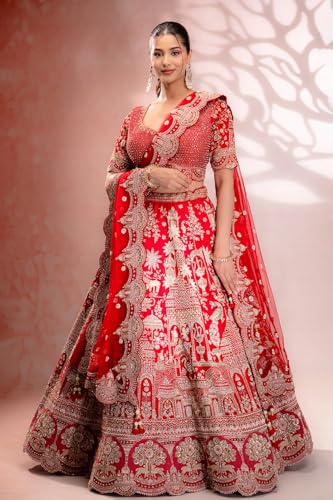 Women's Red Zardosi Embroidered Silk Bridal Lehenga
