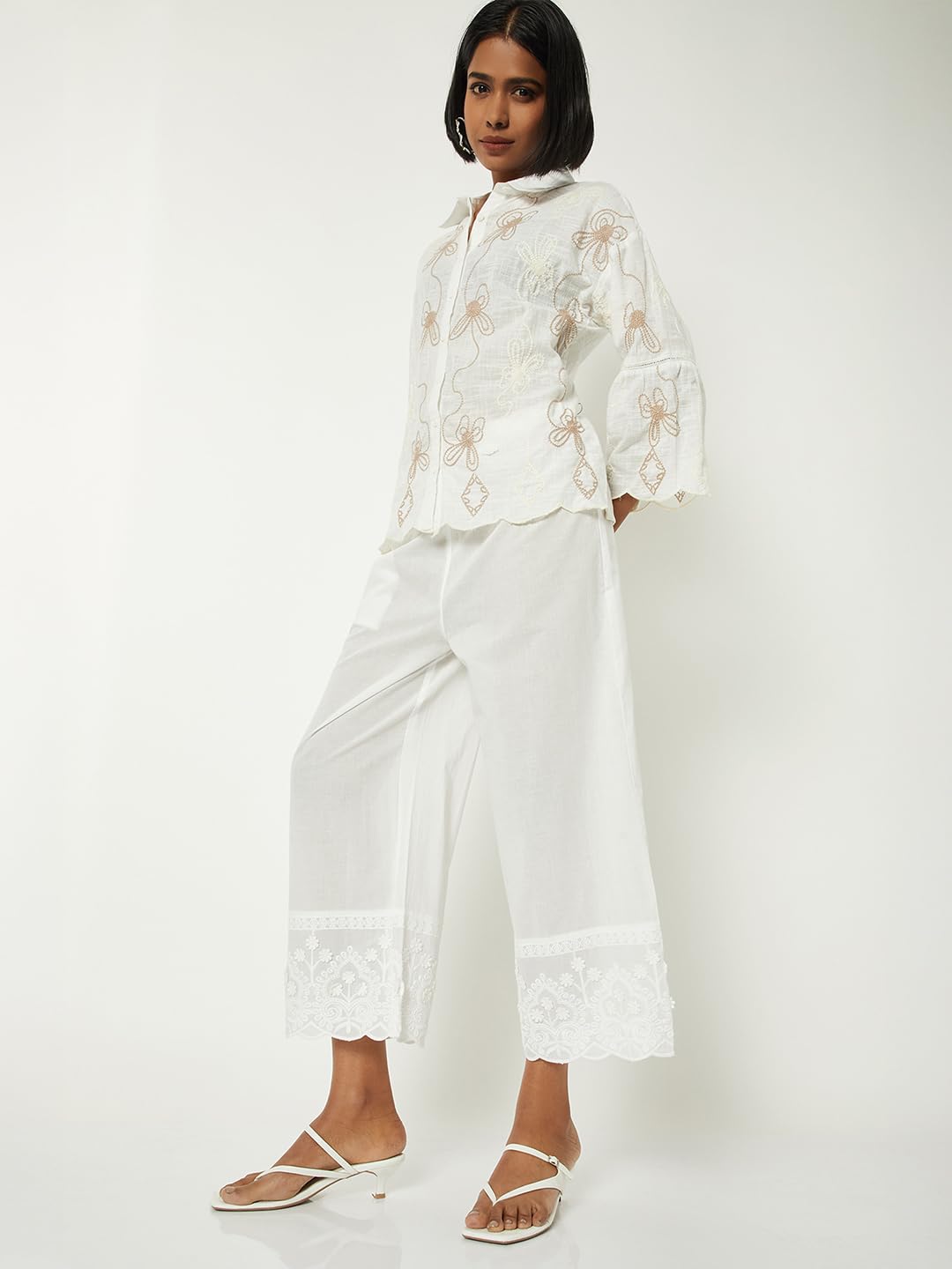 Max Women Embroidered Palazzos with Scalloped Hem (White_XXL)