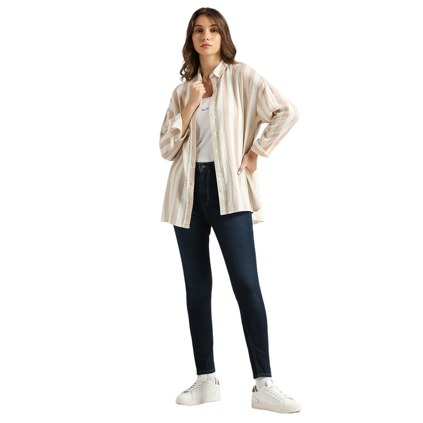 Pepe Jeans Women's Striped Relaxed Fit Shirt (PL304899_Beige