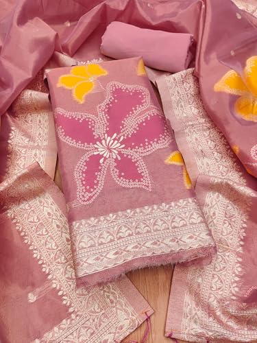 SHANTVAN GALLERY Unstitched Dress Material for Women Cotton Pure Tissue Shimmer Banarasi Zari Weaving Suit Fabric with Semi Cotton Bottom and Jacquard Dupatta Unstitched Suit Set - Pink