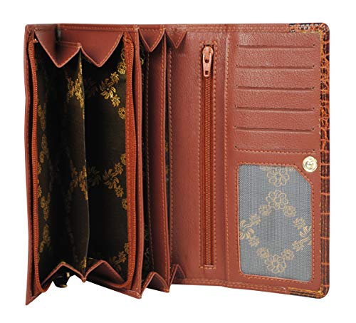 Calfnero Women's Genuine Leather Wallet-Long Purse Wallet with Multiple Card Slots, Zip Pocket and Note Compartment (Cognac)