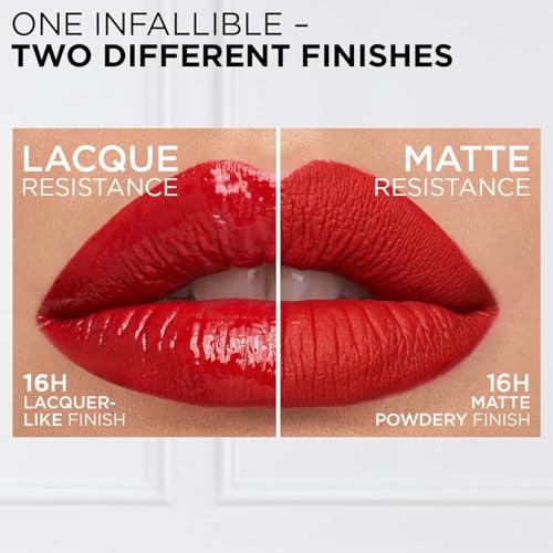L'Oréal Paris Infallible Laque Resistance Lacquer-Like Shine Finish. 16H longwear lacquer lipstick. High-impact color, zero transfer - 225 Rouge Confidence, 4ml