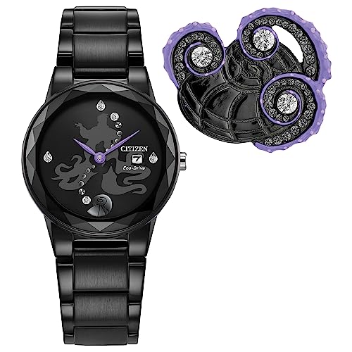 Citizen Stainless Steel Women's Eco-Drive Disney Villian Ursula Crystal Analog Watch And Pin Gift Set In Black Ion Plated Analog Watch, Black Dial (Model: Ga1075-68W), Black, 5 1/2 Inches, Modern