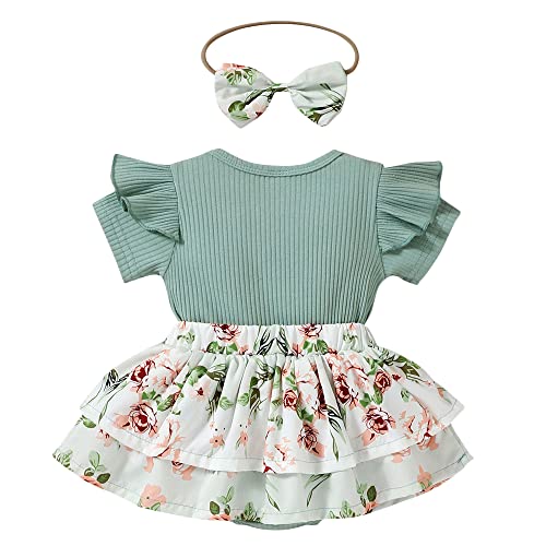 Hopscotch Baby Girls Text Print Bodysuit with Headband In Green Color For Ages (6-9 Months)