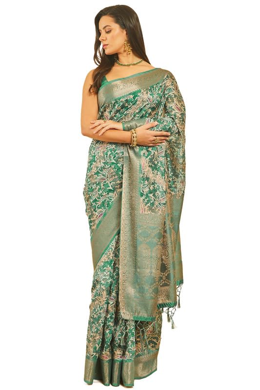 Soch Womens Teal Ethnic Print Chanderi Jacquard Weave Saree