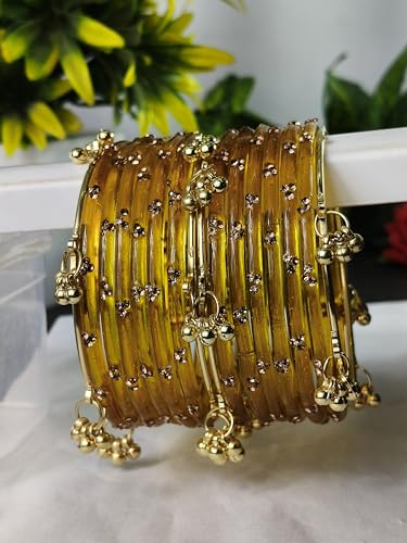 NMII Viral Multi Colour Glass Bangles with Golden Ghungroo Charms & Stone Work For Women & Girls | Trendy Kashmiri Bangles | Kangan Set For Women | Kanch Ki Chudiya - Set of 16 (NAB50_Golden-2.4)