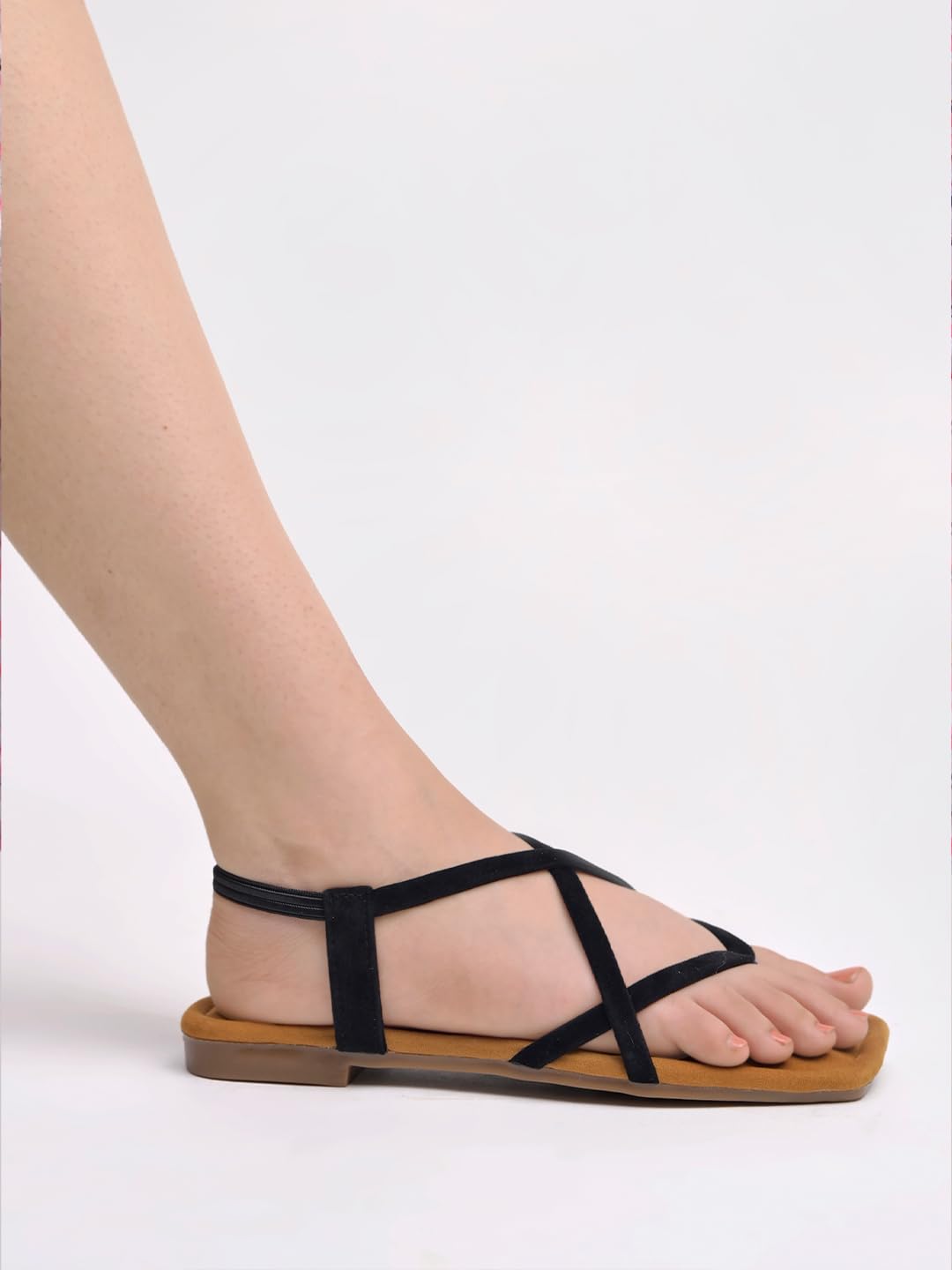 Shoetopia Women’s Black Toe Ring Flat Sandals, Strappy Cross Strap Slip-On Flats, Comfortable Casual Daily Summer Footwear EU42