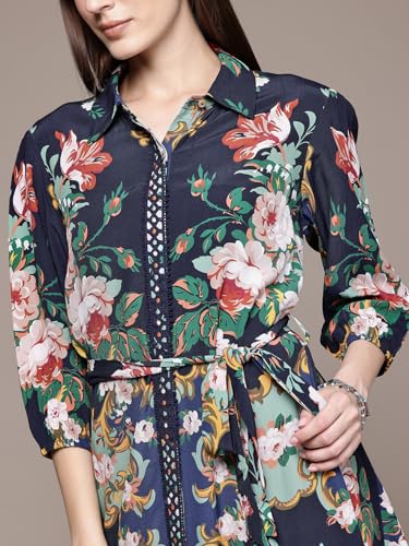 Label RITU KUMAR Navy Miara Collar Neck 3/4 Sleeves Short Dress with Belt