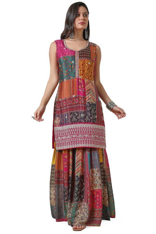 Soch Womens Fuchsia Chinon Abstract Print Suit Set with Zardosi