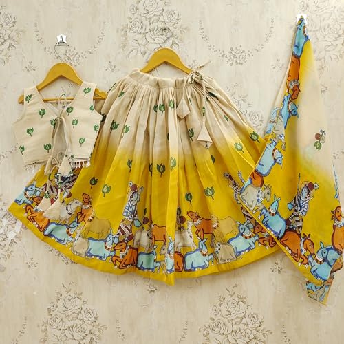 Tejam Girls Printed Lehenga Choli Set with Dupatta - Ethnic Wear Wedding Outfits Suitable For Girls 2 To 8 Years (Yellow, 3-4 Year)