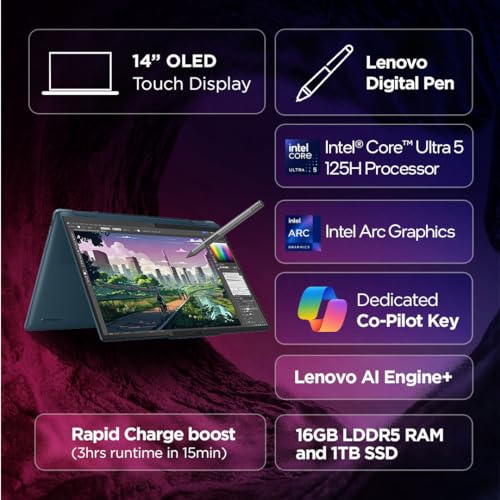 Lenovo Yoga 7 Intel Evo Core Ultra 5 125H Built-in AI 14"(35.5cm) WUXGA-OLED 400Nits 2-in-1 Laptop (16GB/1TB SSD/Win 11/Office Home 2024/Digital Pen/3 Mon. Game Pass/Teal/1.5Kg), 83DJ00FXIN