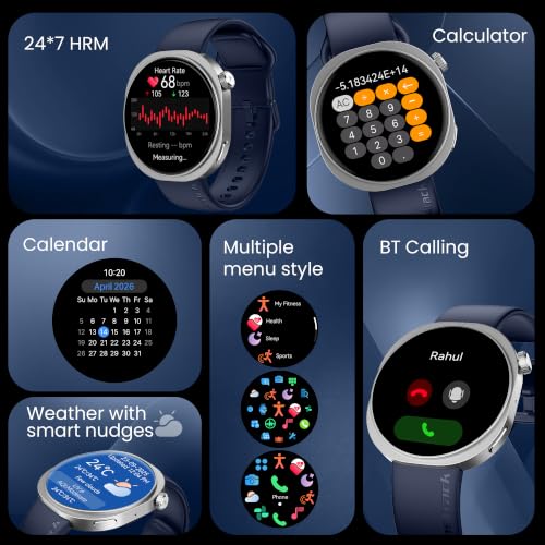 Fastrack Revoltt FR3 Pro Smartwatch with 1.43” AMOLED Display,Dynamic 60Hz Refresh,Nitrofast Charging,HRM,SpO2,Sleep,Multiple Menu Style,Functional Crown,IP68, BT calling,24/7 Health Suite - Dark Blue