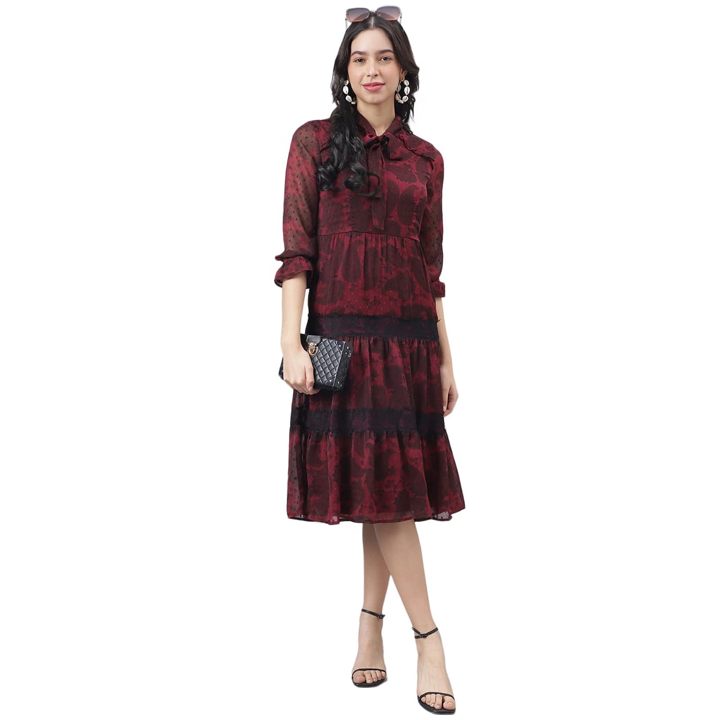 Latin Quarters Women Maroon Half Sleeve V-Neck High Low Dress_L