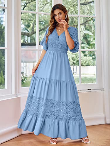 Simplee Women V Neck Formal Lace Maxi Dress Ruffle Flowy Short Sleeve Boho Wedding Guest Party Summer Long Dress, Lace_blue, Medium