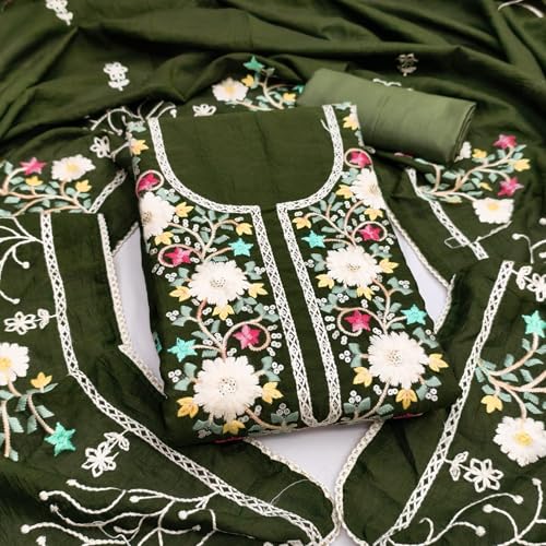 Leeli Peeri Designer Women's Vichitra Silk Embroidery Work Unstitched Salwar Suit Dress Material