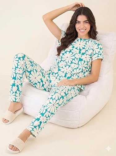 HEY FUN Women's Summer Bloom Floral Print Co Ord Set Soft Comfortable Matching Top and Bottom Casual Lounge Wear Relaxed Fit Two Piece Outfit for Home Daily Wear Travel and Indoor Use