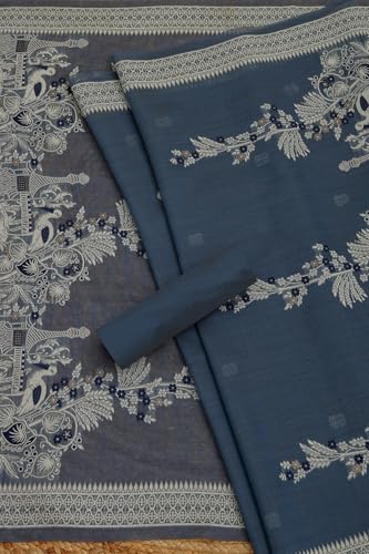 Soch Womens Blue Chanderi Woven Design Unstitched Dress Material With Beads