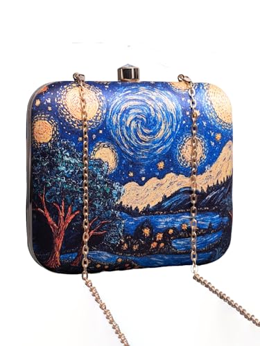 Artklim Blue Star Night Art Printed Golden Strap Quirky Box Clutch for Women - Sling Purse - Valentine’s Day Gift for Girlfriend