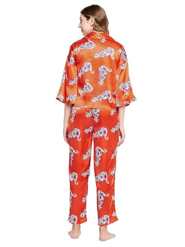 Clovia Women's Satin Animal Print Satin Shirt & Pyjama Set (LS0649P16_Olive_M)