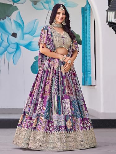 Zeel Clothing Women's Digital Print with Zari Dori Embroidery Work Chinnon Silk Lehenga Choli With Dupatta (7050-Women-Lehenga-Choli-New; Free size) (Purple)