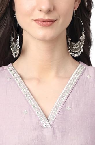 Janasya Women's Lavender Chinon Embellished Kurta with Pant and Dupatta(SET566-KR-NP-XL)