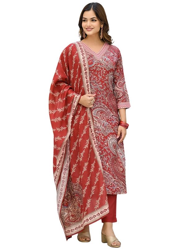 Vaamsi Women's Red Rayon Blend Paisley Straight Printed Kurta Pant With Dupatta Set | Straight Kurta Set | Printed Salwar Suit For Women (VKSKD2317, S)