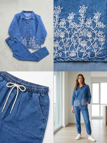 ESSVANE Denim Co Ord Set for Women || Denim Jacket and Pant Set || Embroidered Co Ord Set with Crop Jacket and Pants With Pockets (Mid Blue, M - 30 Waist)