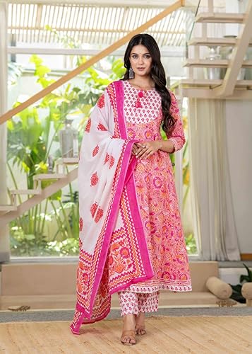 Pistaa's Women Cotton Anarkali Flair Suit Set (IN, Alpha, XS, Regular, Pink)