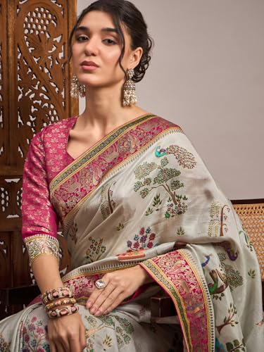 AKHILAM Women's Grey Viscose Silk Botanical Printed Saree With Unstitched Blouse Piece (MSTANI162B_HS)