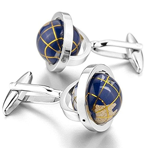Peora Spinning Globe Earth Blue Formal Cufflinks Set Gift for Men