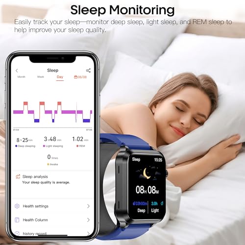 Yowow BIT Blood Pressure Smart Watch Air Bag Air Cuff, 24/7 Heart Rate Blood Oxygen Body Temperature Sleep Respiration Rate Health Monitor Activity Tracker Familiy Data Sharing (Blue)