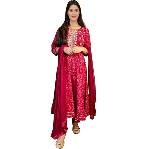 Femezone womens Reyon printed anarkali/gown with afgani pant and dupatta set(RANIKJ-XL)