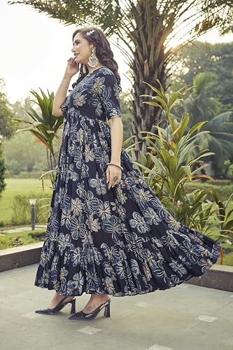 Samprag Rayon Gown for Women | Full Length | Printed | Fit & Flare | 3/4Th Sleeves | V Neck | Stylish | Ideal for Casual, Formal & Party Occassions | Blue | S