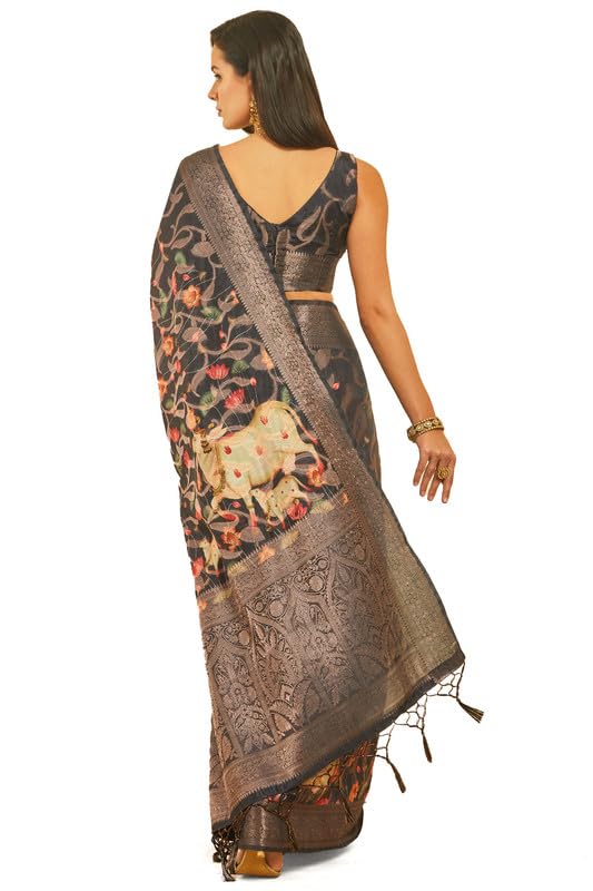 Soch Womens Black Floral Print Chanderi Jacquard Weave Saree