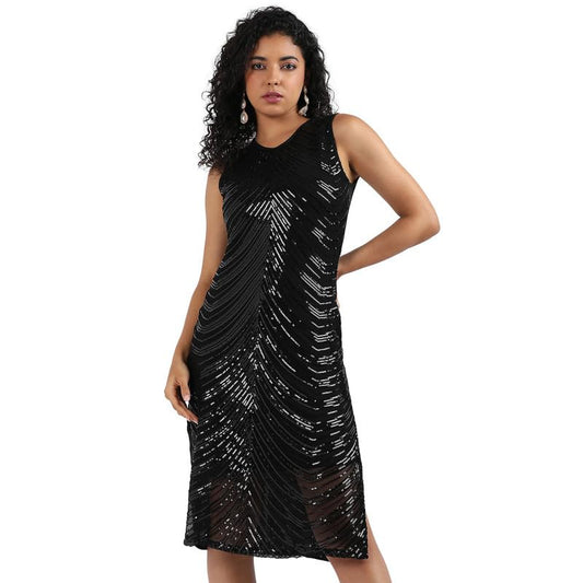 Campus Sutra Women's Black Self-Design Dress with Sequin Detail for Casual Wear | Sleeveless | Polyester Knee Length Dress Crafted with Comfort Fit and High Performance for Everyday Wear (M)