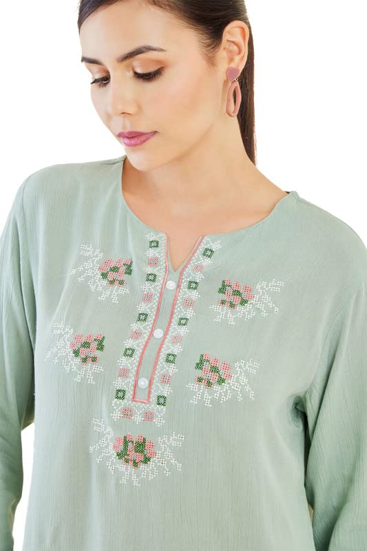 Soch Womens Sap Green Crepe Tunic with Geometric Embroidery