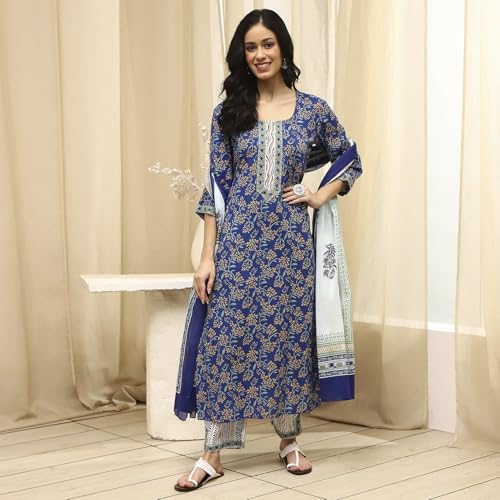 BIBA Women Royal Blue Cotton Screen Print Unstitched Suit Set_FREE SIZE