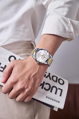 London Fog Paddington Collection Analog Quartz Watch for Men with Geometric-Textured Round Dial, Date Display, Roman Numeral & Triangular Hour Markers and Two-Tone Stainless Steel Strap - LFM10028-55