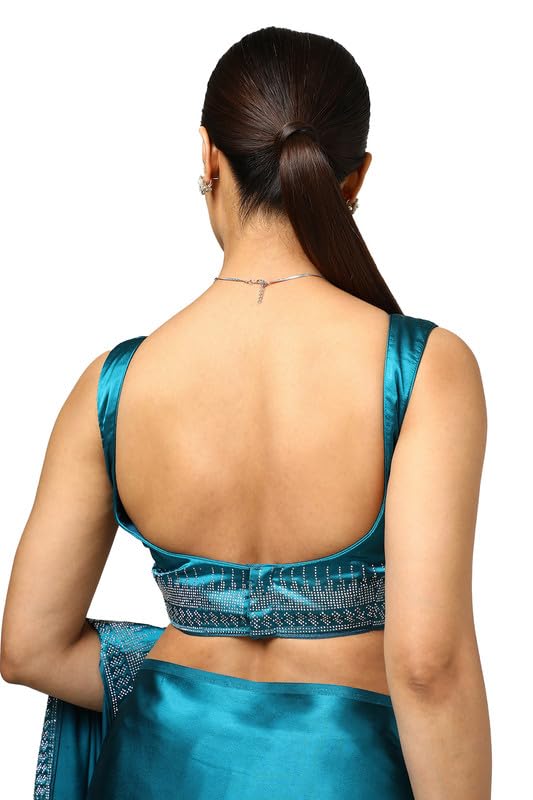 Soch Womens Teal Satin Embellished Saree With Stone Work