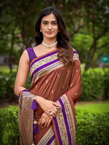 MANOHARI Women's Most Trendy Banarasi Satin Silk Woven Orange Brown & Purple Saree With Heavy Jacquard Work Saree With Blouse Piece_MN2058
