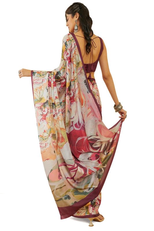 Soch Womens Wine Abstract Print Crepe Saree