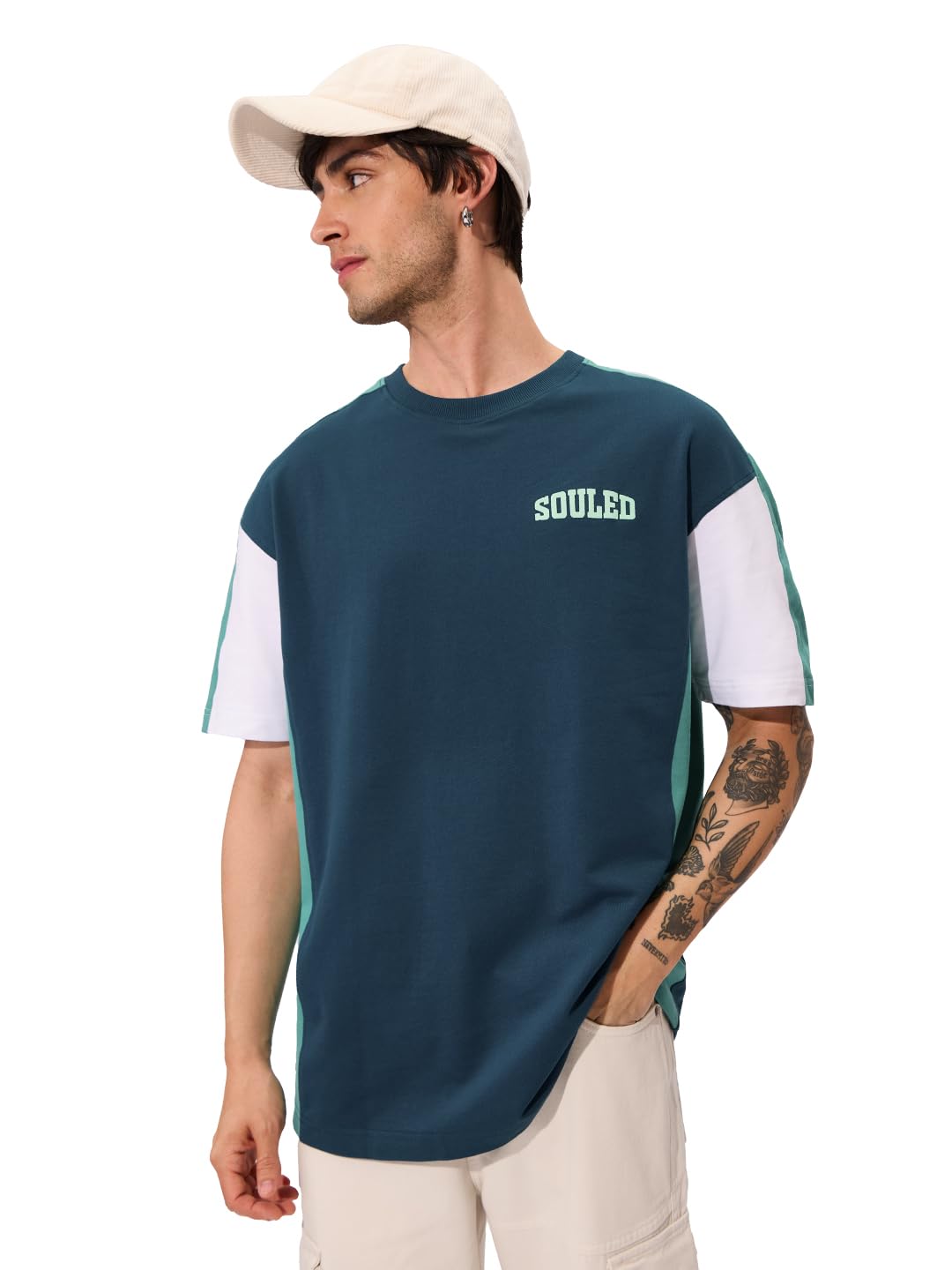 The Souled Store Solids: Deep Sea Blue Oversized T-Shirt for Men Boys Cotton Casual Half Sleeves Baggy Loose Fit Drop Shoulder Round Neck