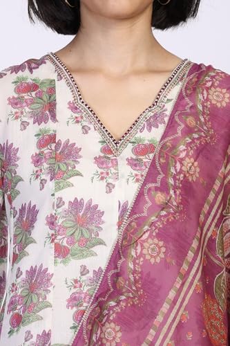 W for Woman Floral Printed Sequined Flared Chanderi Kurta with Straight Pant and Dupatta Set - Beige (WS12946-126020-XL)